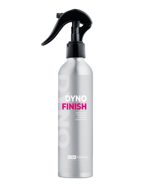 Silver spray bottle labeled 'Dyno Finish' on a white background